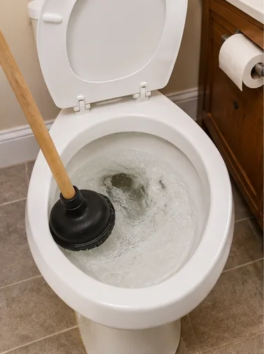 Clogged Toilet Repair Plunger and repair tools beside a clogged toilet