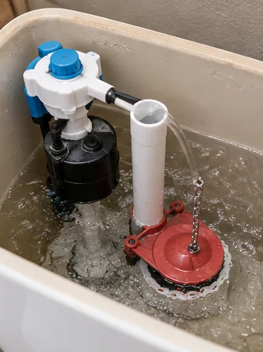 Running Toilet Repair Open toilet tank with flushing components being checked