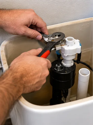 Toilet Fill Valve Repair Fill valve and float assembly visible inside toilet tank