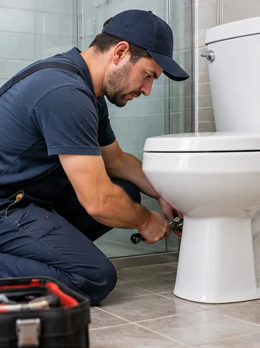 Plumber working on toilet components in a modern bathroom