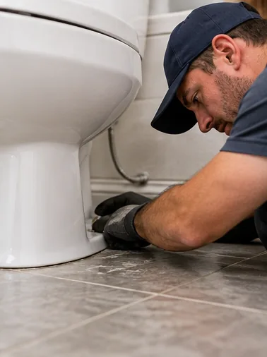 Toilet Tank Repair Exposed toilet tank hardware being inspected for repair